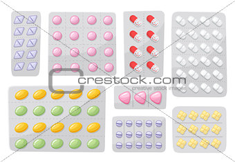 Packaging for drugs ,painkillers, antibiotics, vitamins and aspirin tablets. Set of blisters icons with pills and capsules. Vector illustrations of pack isolated on white background