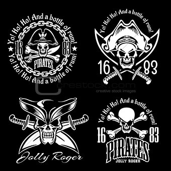 Pirates emblem set with pirate spirit flying dutch pirate bay pirates adventures descriptions vector illustration
