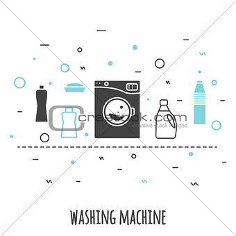 Washing machine in flat line style. Outline vector icon wash with chemical supplies banner.