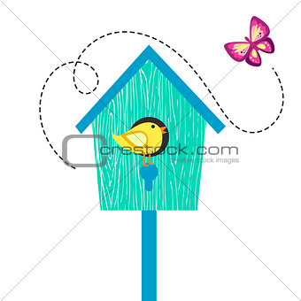Blue cartoon bird house with birdie on perch and butterfly.