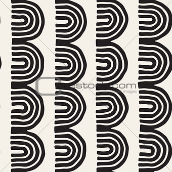Monochrome minimalistic tribal seamless pattern with arc lines. Vector background with inky black art on white rounded stripe.