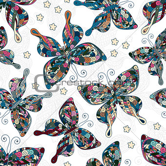 Seamless patterns with butterflies. Various butterflies and flowers on white background.