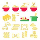 Pasta, noodles, spaghetti - Italian food icons set