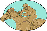 Jockey Horse Racing Oval Drawing