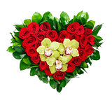Heart shaped bouquet of red roses and orchids