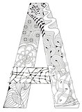 Letter A for coloring. Vector decorative zentangle object