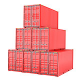 Stacked red cargo containers over white
