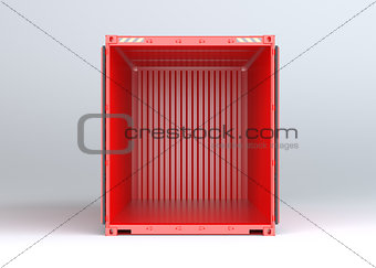 Open red cargo container on gray background