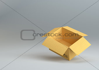 Empty open cardboard box on gray background