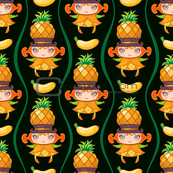 Seamless colorful pattern with Pineapple fruit girl. Vector background
