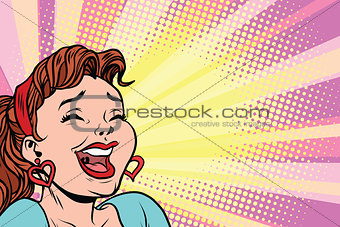 young woman laughs, style pop art poster