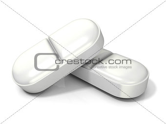 Two white medicine pills - tablets. 3D