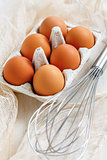 Fresh brown eggs with stainless steel whisk.