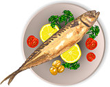 Cooked fish and raw vegetables on a plate vector