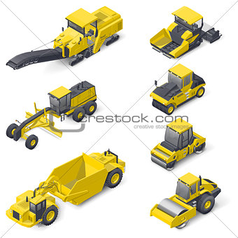 Transport for laying and repair of asphalt isometric icon set