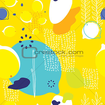 Colorful yellow seamless background pattern with lemons and abstract elements