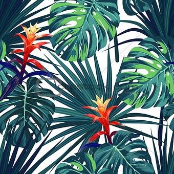 Exotic tropical background with hawaiian plants and flowers. Seamless vector pattern with green monstera and sabal palm leaves, guzmania flowers.