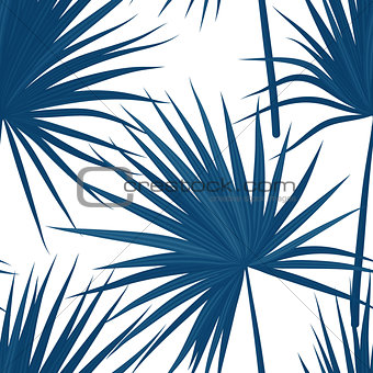 Vector tropical background with jungle plants. Seamless tropical pattern with sabal palm leaves. Denim indigo colors.