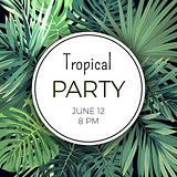 Summer hawaiian party flyer design with green tropical plants and palm leaves.