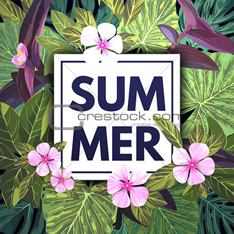 Summer tropical background with exotic palm leaves and pink flowers. Jungle vector floral template.