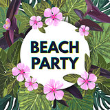 Bright vector floral banner template for summer beach party. Tropical flyer with green exotic palms and pink flowers.