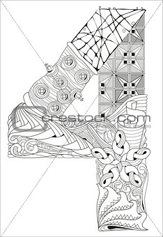 Number four Zentangle. Vector decorative object