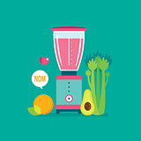 Blender Celery Orange Avocado and Celery Healthy food background