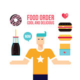 Young man and fast food icons set