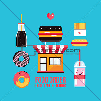 Fast food cafe facade and food icons set