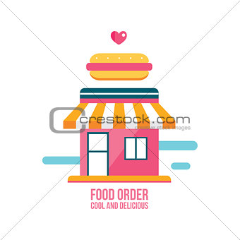 Fast food shop facade with hot dog icon