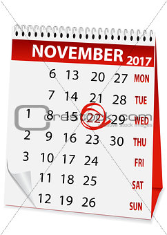 holiday calendar for Thanksgiving Day 2017