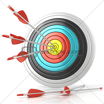 Archery target with red arrows in the center