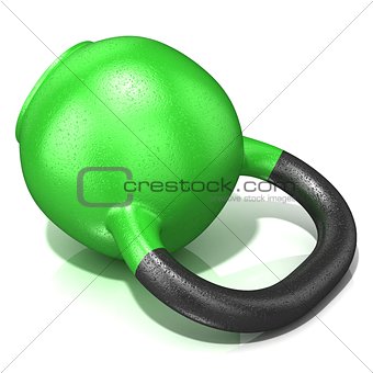 Green kettle bell weight, lying on its side, isolated on a white