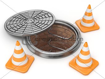 Open manhole and traffic cones. Under construction concept. 3D