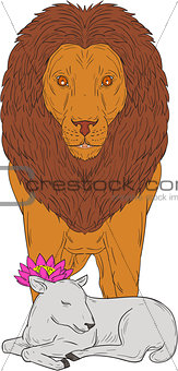 Lion Standing Over Lamb Lotus Flower Drawing