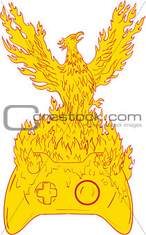 Phoenix Rising Fiery Flames Over Game Controller Drawing