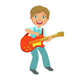 Boy Playing Electric Guitar, Kid Performing On Stage, School Showcase Participant With Musical Artistic Talent