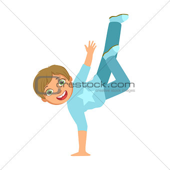 Boy In Blue Dancing Breakdance Performing On Stage, School Showcase Participant With Musical Artistic Talent
