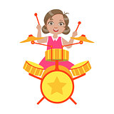 Girl Playing Drums, Kid Performing On Stage, School Showcase Participant With Musical Artistic Talent