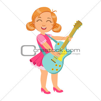 Girl Playing Electric Guitar, Kid Performing On Stage, School Showcase Participant With Musical Artistic Talent