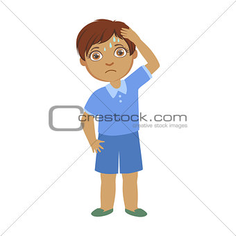 Boy With A Headache,Sick Kid Feeling Unwell Because Of The Sickness, Part Of Children And Health Problems Series Of Illustrations
