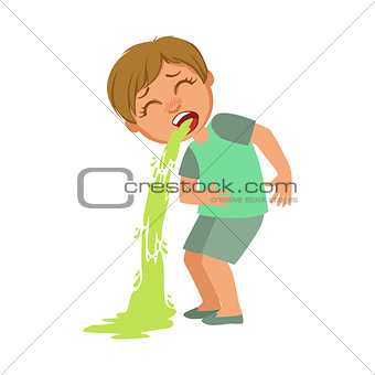 Boy Vomiting,Sick Kid Feeling Unwell Because Of The Sickness, Part Of Children And Health Problems Series Of Illustrations