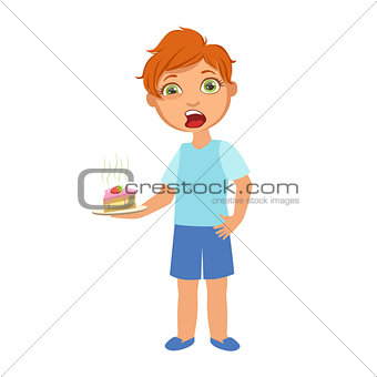Boy With Cake Nauseous,Sick Kid Feeling Unwell Because Of The Sickness, Part Of Children And Health Problems Series Of Illustrations