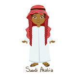 Boy In Saudi Arabia Country National Clothes, Wearing White Dress And Muslim Headdress Traditional For The Nation