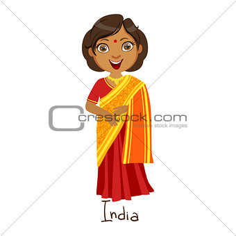 Girl In India Country National Clothes, Wearing Sari Dress Traditional For The Nation