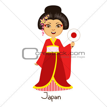 Girl In Japan Country National Clothes, Wearing Kimono Traditional For The Nation