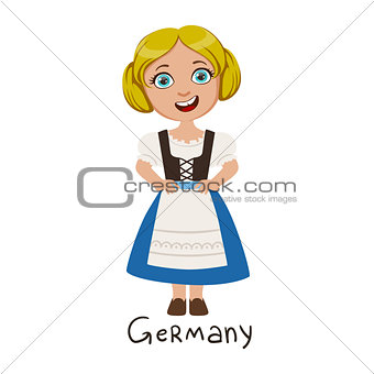 Girl In Germany Country National Clothes, Wearing Blue Skirt And Corset Traditional For The Nation