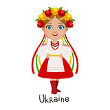 Girl In Ukraine Country National Clothes, Wearing Wreath Of Flowera And Ribbon Headdress Traditional For The Nation