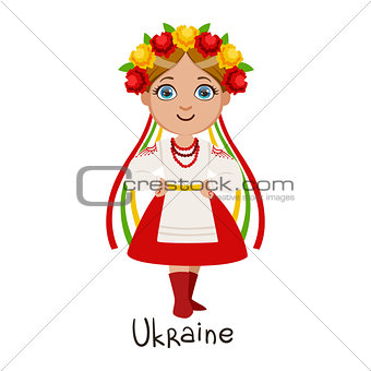 Girl In Ukraine Country National Clothes, Wearing Wreath Of Flowera And Ribbon Headdress Traditional For The Nation