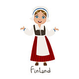 Girl In Finland Country National Clothes, Wearing Bonnet And Corset Traditional For The Nation